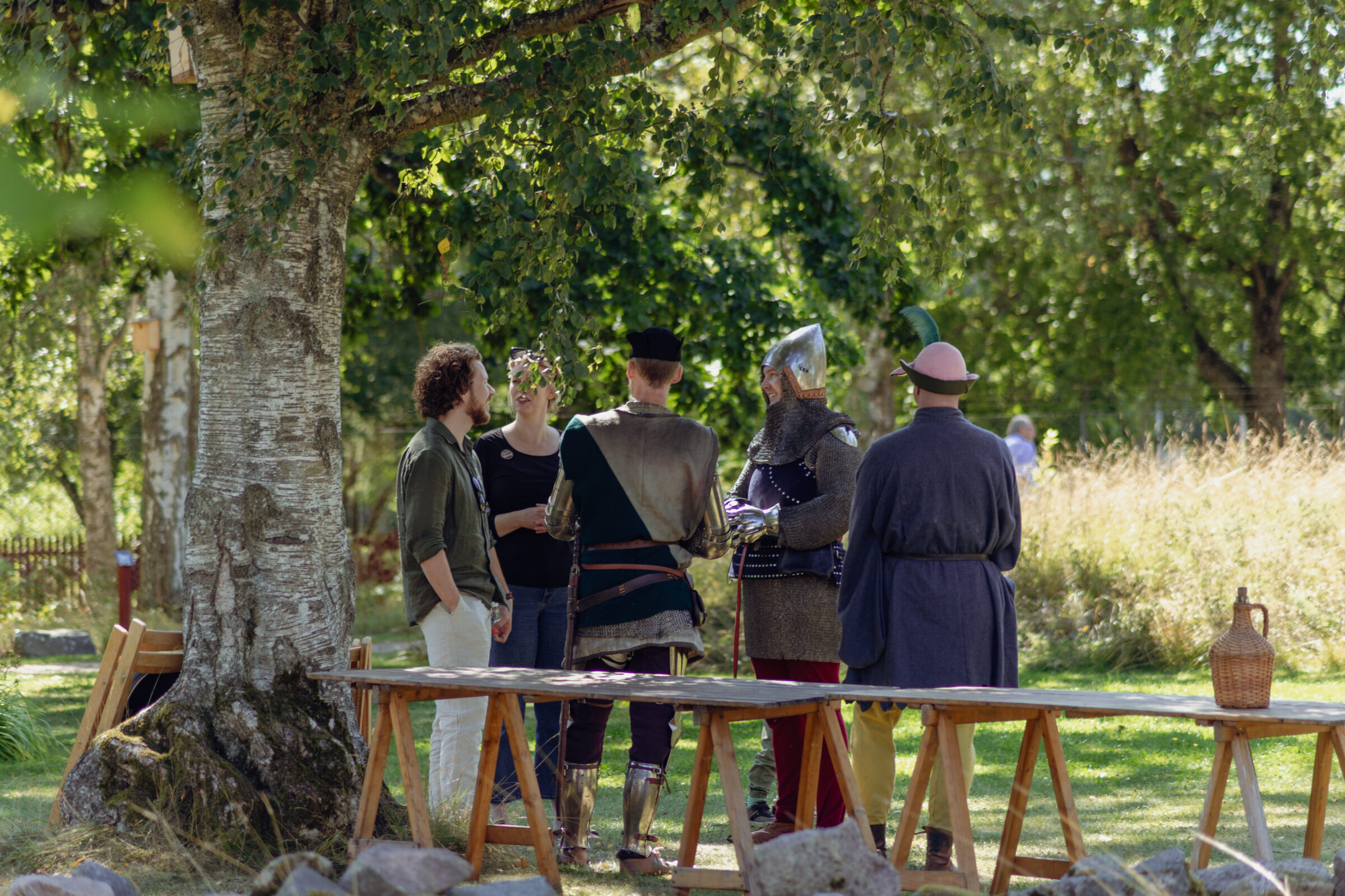 Flera personer samtalar i en park, några klädda i medeltida kläder.